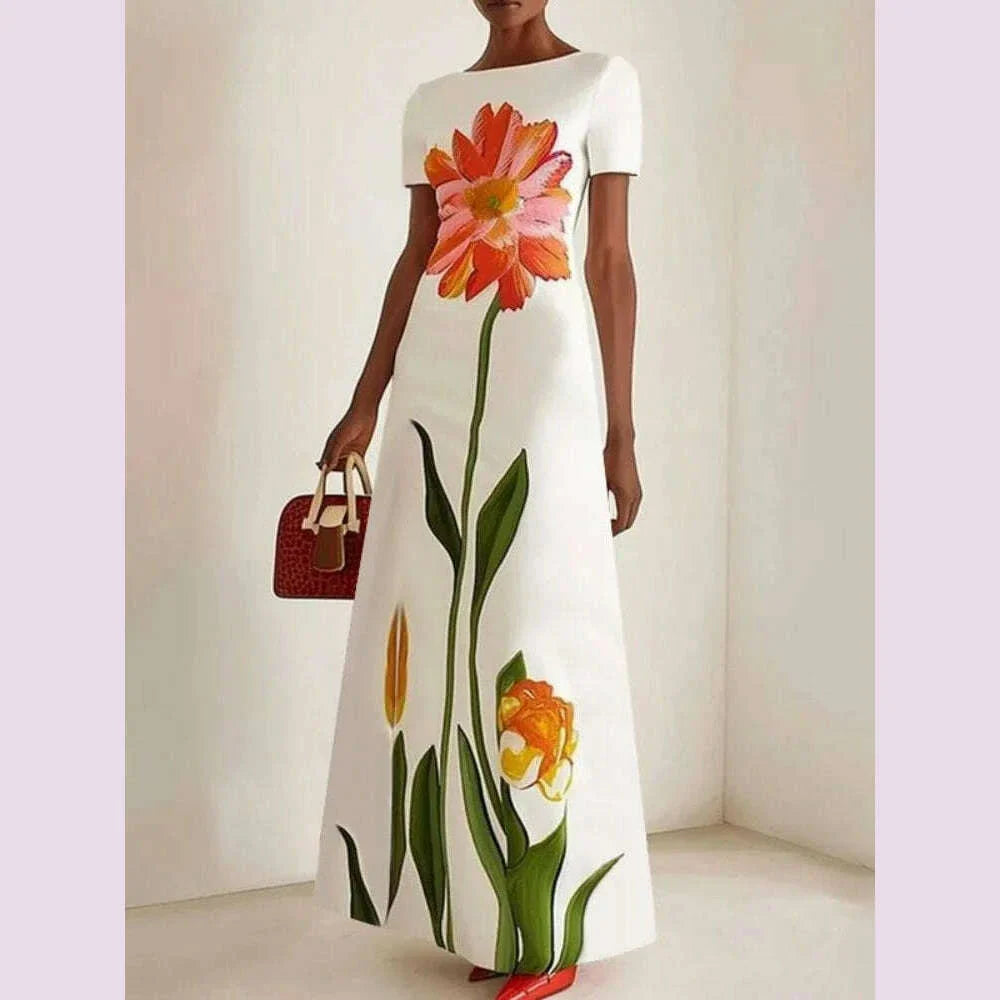 Gymystars 2025 Summer Latest Women's Fashion Flower Printed Dress Round Neck Trend Loose Elegant Party Evening Beach Dresses