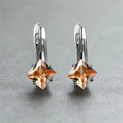 Cute Female Champagne Square Jewelry Luxury Crystal Zircon Stone Hoop Earring Rose Gold Color Wedding Earrings For Women