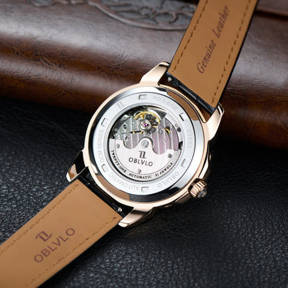 OBLVLO Men's Fashion Automatic Watch Colorful Zircon Moonphase Mechanical Multifunctional Black Leather Strap Timepiece...