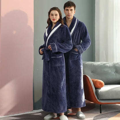 Winter Couple Flannel Robe Sets Lovers Solid Thicken Bathrobe Gown Nightwear with Pockets Intimate Lingerie & Cozy Home Clothing