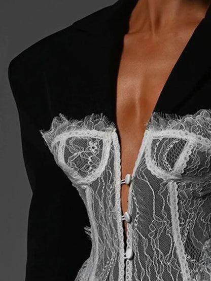 ZMEENNA 2025 Spring New Women's Black Blazer With Delicate White Lace Corset Overlay Structured Shoulders ZM954