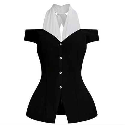 Women's Black White Contrast Off-Shoulder Top Halter Neckline Button Front Ideal for Evening Events Fashion-forward Outings - Kimlud
