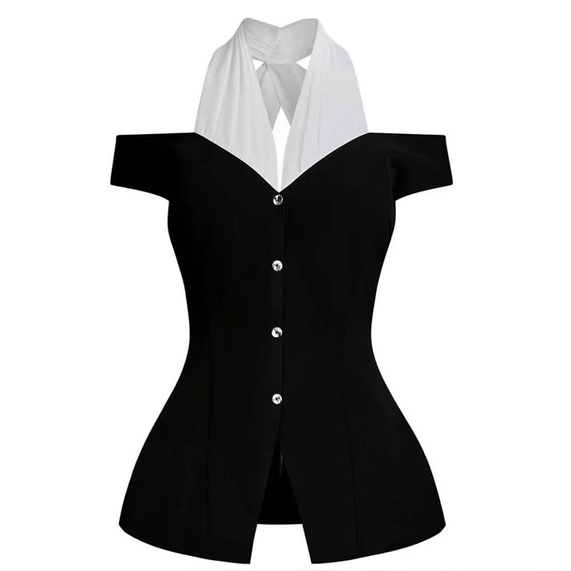Women's Black White Contrast Off-Shoulder Top Halter Neckline Button Front Ideal for Evening Events Fashion-forward Outings - Kimlud