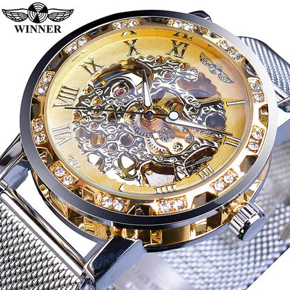 Winner Casual Mechanical Watches For Men Golden Roman Fashion Stainless Steel Belt Mesh Strap Wristwatch Clock Relogio Masculino