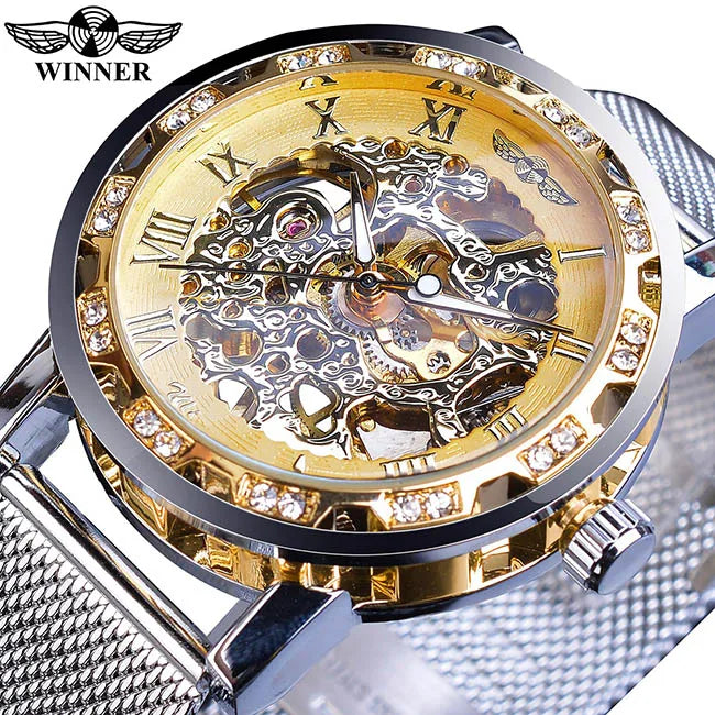 Winner Casual Mechanical Watches For Men Golden Roman Fashion Stainless Steel Belt Mesh Strap Wristwatch Clock Relogio Masculino