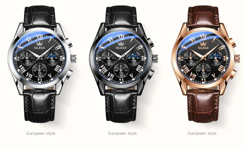 OLEVS 2871 Men Watch Original Brand Quartz Watch Multifunctional Chronograph Watch For Man Waterproof Luminous Moon Phase Watch - Kimlud