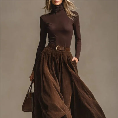 Retro Elegant Corduroy Long Skirt 2 Pieces Sets Turtleneck Long Sleeve Slim Top + Pocket Skirt Outfits Solid color Suit Outfits