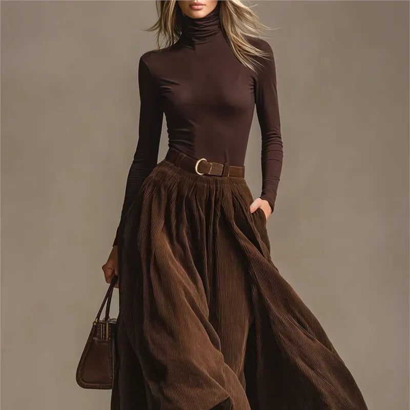 Retro Elegant Corduroy Long Skirt 2 Pieces Sets Turtleneck Long Sleeve Slim Top + Pocket Skirt Outfits Solid color Suit Outfits