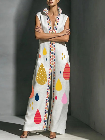 UOOZEE 2026 New Women Summer Bohemian Colorful Printed Zipper Wide Leg Jumpsuits Sleeveless Loose Casual Vacation Lapel...