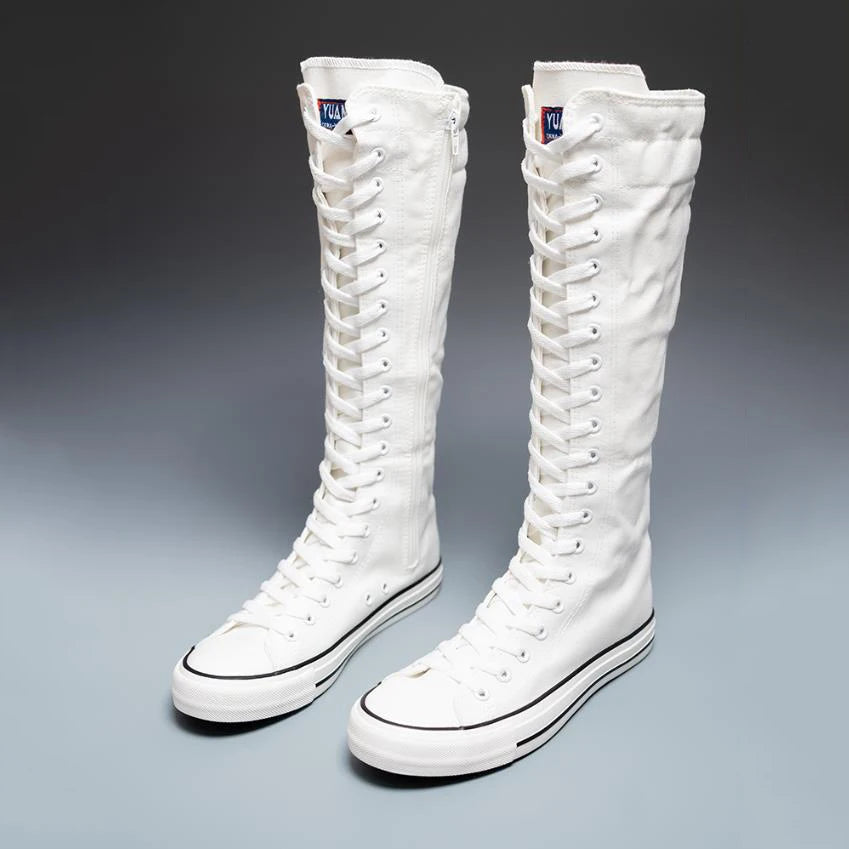 Canvas Long Boots for Women High Top Women Canvas Shoes Lace Up Knee High Boots Flats Casual Vulcanized Shoes Sneakers Girls