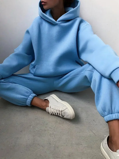 Women's Tracksuit Casual Solid Long Sleeve Hooded Sport Suits Autumn Warm Hoodie Sweatshirts and Long Pant Fleece Two Piece Sets