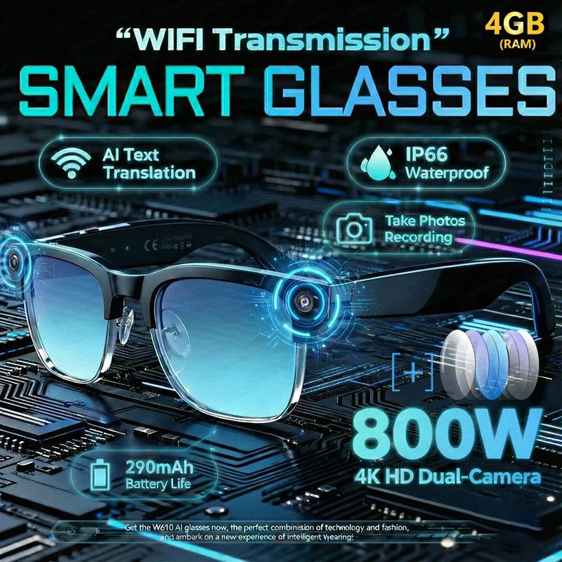 2026 New AI Smart Glasses 4K 8MP HD Camera Video 1080P 100+ Languages Translation WiFi Sunglasses Bluetooth Call Music...