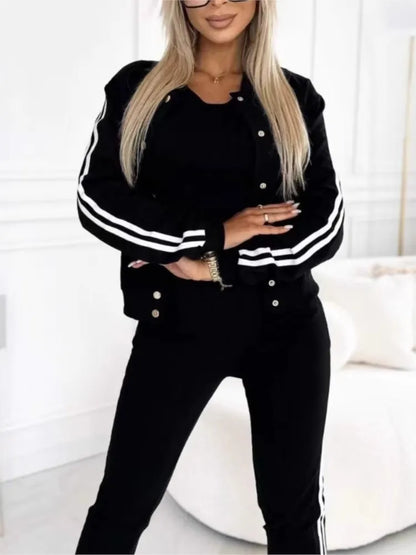 Autumn Three-Piece Set Women's Suit Striped Tape Patch Buttoned Jacket + Tank Top + Pants Sets Lady Sportswear Casual...