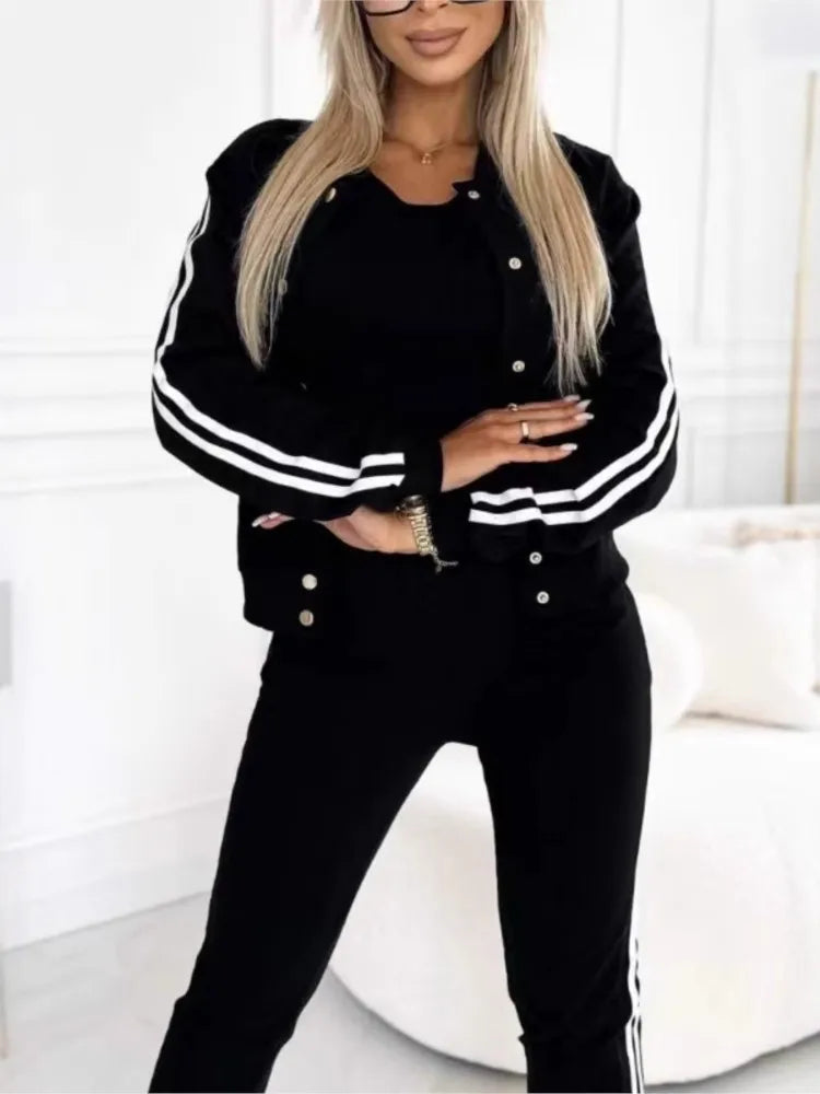 Autumn Three-Piece Set Women's Suit Striped Tape Patch Buttoned Jacket + Tank Top + Pants Sets Lady Sportswear Casual...