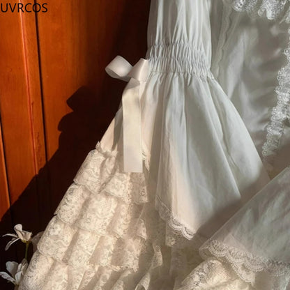 Japanese Sweet Cute Lolita Flare Sleeve Bow Shirts Women Y2k Aesthetic Lace Patchwork Blouse Kawaii Girl Loose Blusas Mujer Tops