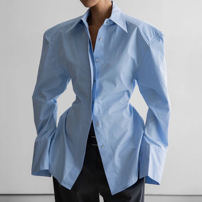 Linad Casual White Puff Sleeve Shirts Female Office Lady Blue Single-Breasted Woman Blouse 2026 Street Chic Lapel Tops...