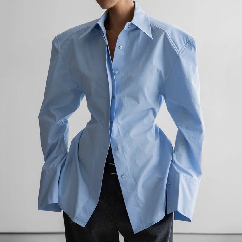 Linad Casual White Puff Sleeve Shirts Female Office Lady Blue Single-Breasted Woman Blouse 2026 Street Chic Lapel Tops...