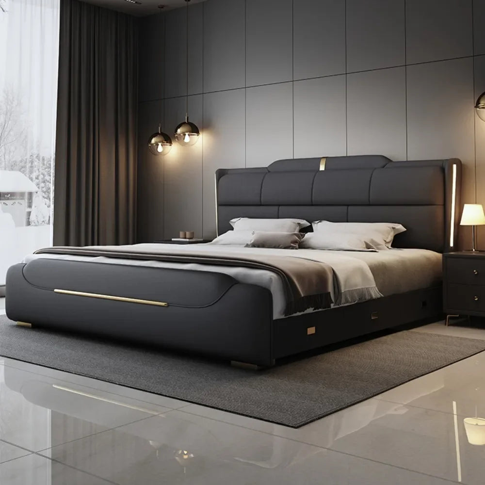 180x200cm Italian light luxury double storage bed layer cowhide three drawers Carbon steel leg camas de casal bedroom...