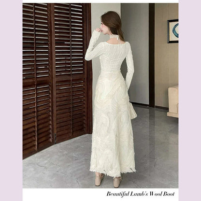 French Romantic Beige Textured Patchwork Design Elegant Square Neck Appliques Slim Elastic Knit Dress