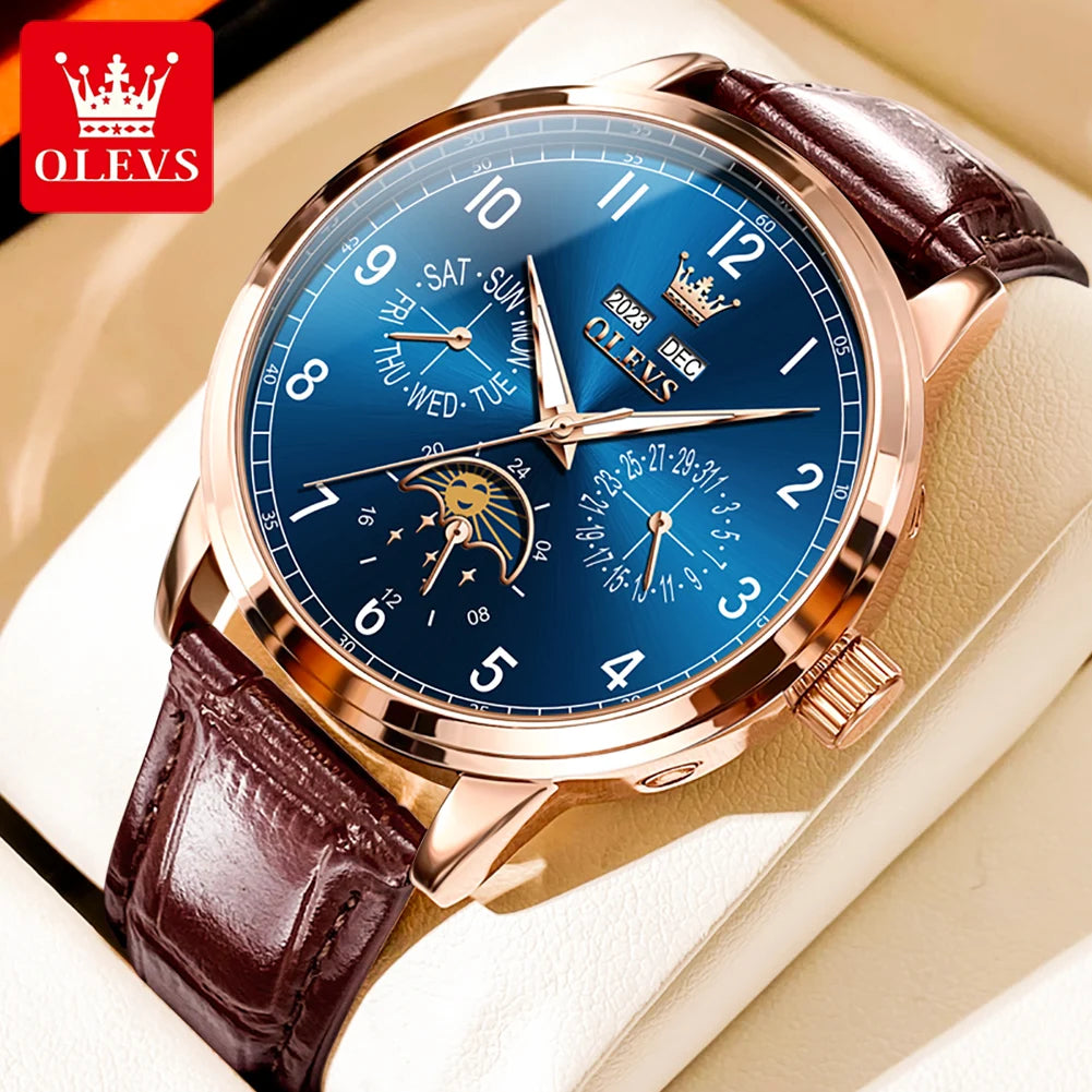 OLEVS 6698 Mens Watch Luxury Dress Brand Moon Phase Automatic Mechanical Watch For Men Leather Waterproof Dual Calendar...