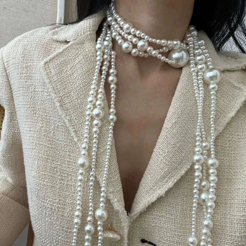 Elegant Multilayer Imitation Pearl Long  tassel knot Chain Necklace for Women Elegant Beads Choker Party  Jewelry