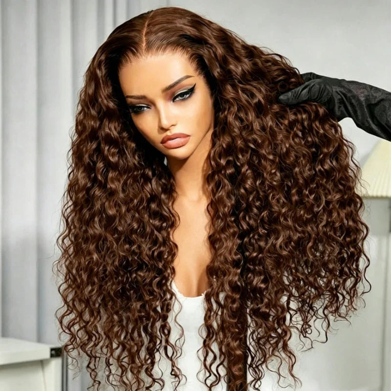 30‑40 Inch Chocolate Brown Deep Wave 13x6 Lace Frontal Wigs Premium Human Hair Preplucked 200% Density Colored Curly Wig...