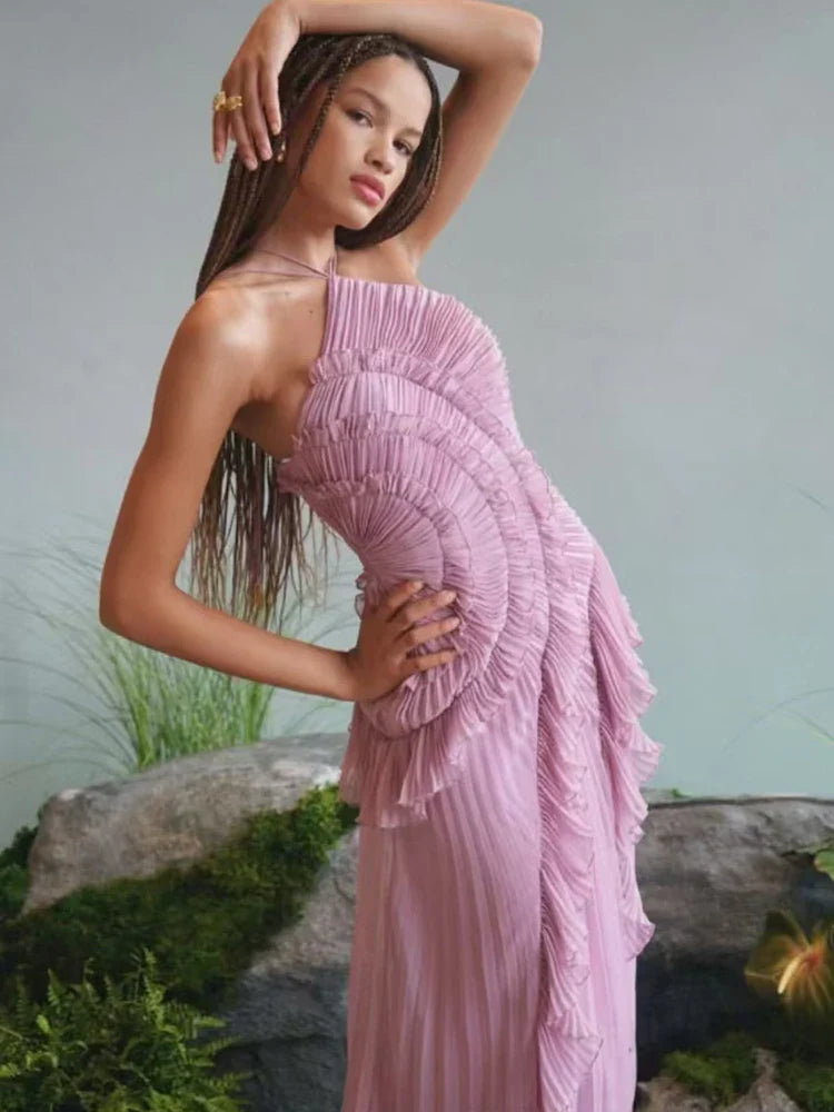 Folded Halter Chiffon Irregular Dresses Spring Women Sleeveless Wrap the Chest Long Dress Summer High Waist Knee Length Dress