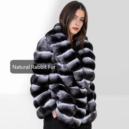 Women's Winter Jacket Real Rex Rabbit Fur Jacket With Hood Chinchilla Color Fur Coat High Quality Genuine Leather Jackets