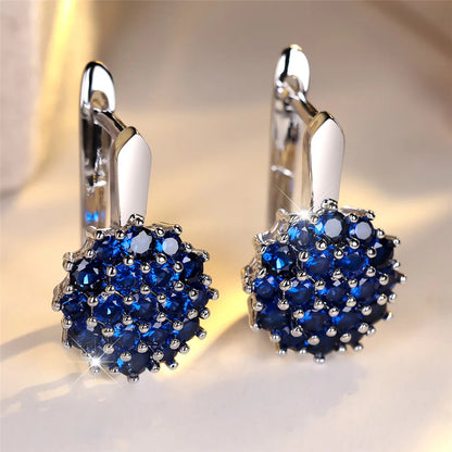Cute Sunflower Blue Crystal Round Zircon Hoop Earrings For Women Rose Gold Silver Color Wedding Flower Jewelry...