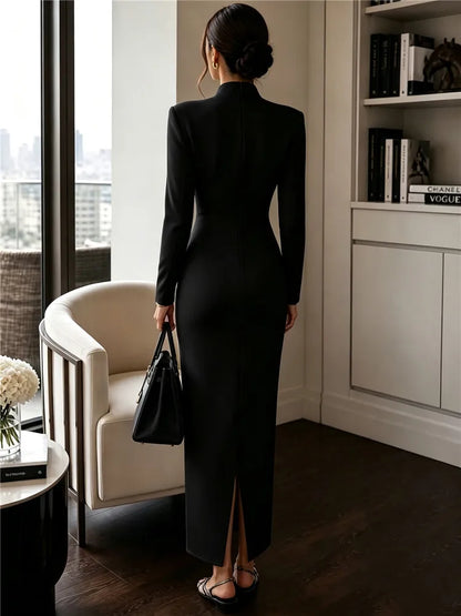 2026 Women's Fashion Evening Party Elegant Long Dress Solid V-Neck Long Sleeve Sheath Bodycon Maxi Dresses White Black Clothing