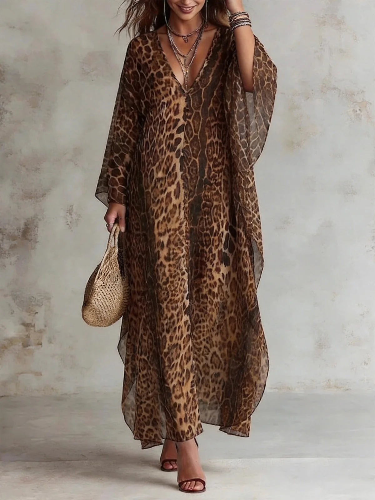 Vintage Chiffon Leopard Dress Deep V Neck Batwing Sleeve Maxi Caftan Dress Casual Loose Summer Beach Cover Up Dresses...
