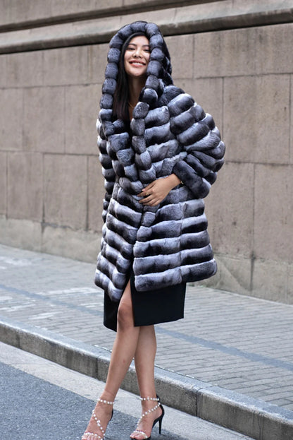 Women's fur coat winter warm mink coat casual mid-length thick hooded trench coat