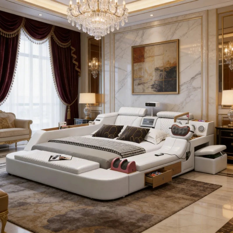 Modern Tech Smart Bed, King/Queen Size Genuine Leather Bed with Projector,USB, Speaker, Luxury Multifunction Bed, All In...