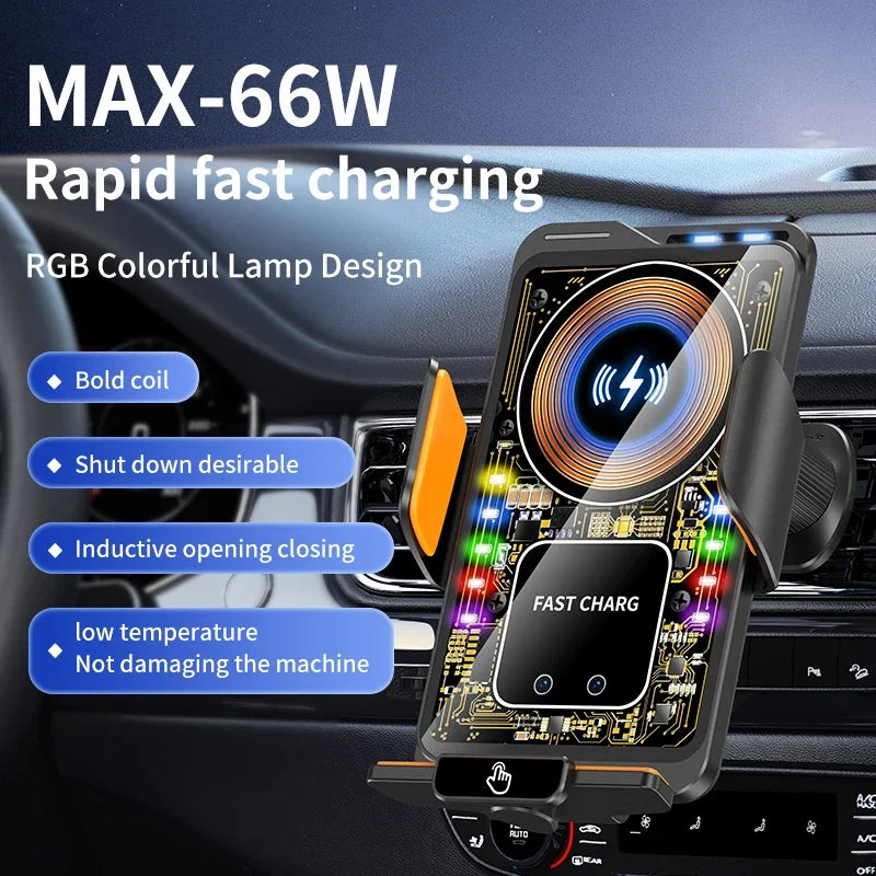 Max 66W Magnetic 15W Car Wireless Charger Fast Charging Auto-Clamping RGB Light Phone Holder Stand Bracket For iPhone Samsung