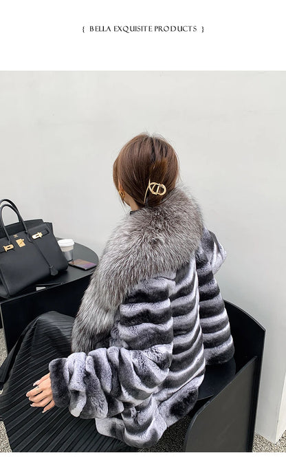 Fashion Women Real Rex Rabbit Fur Coats Long Natural Full Pelt Chinchilla Color Rabbit Fur Jackets With Real Fox Fur Collar Over
