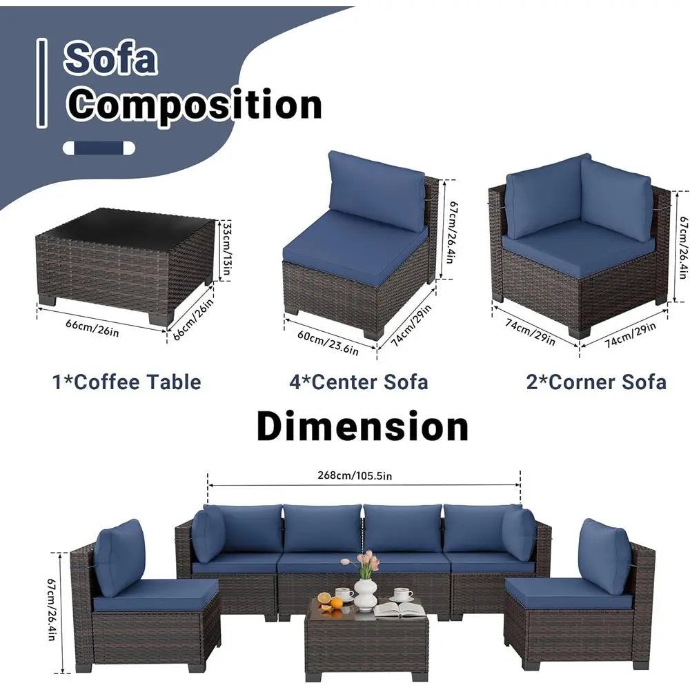 7-Piece Outdoor Patio Furniture Set, Rattan Wicker Sectional with Manual Weaving and Tea Table | Kimlud Outdoor Luxury Table