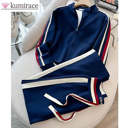 Blue Casual Sports Suit Women's Autumn and Winter Stylish Slimming Cardigan Sweatshirt Straight Leg Pants Two-piece...