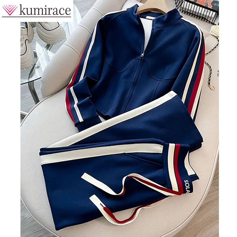 Blue Casual Sports Suit Women's Autumn and Winter Stylish Slimming Cardigan Sweatshirt Straight Leg Pants Two-piece...