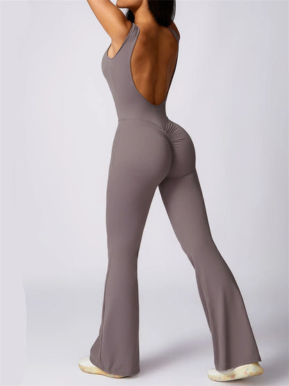 Hollow Out Backless One Piece Yoga Jumpsuit Women Sport Sleeveless Fitness Gym Suit Workout Exercise Skinny Flare Bodysuits