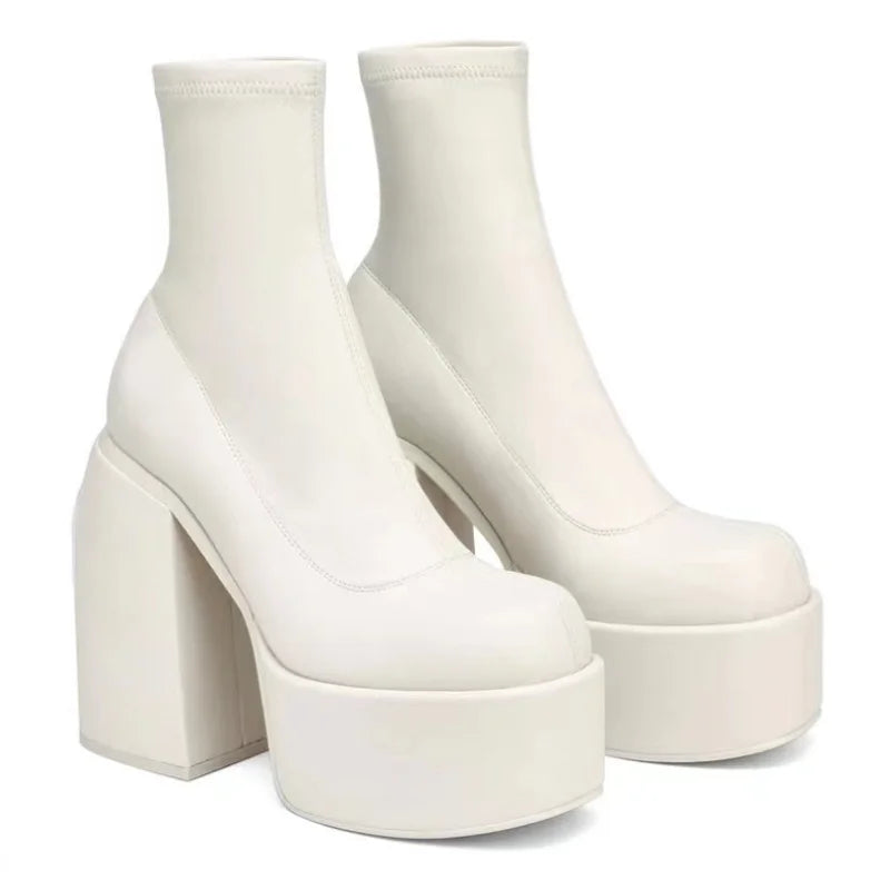 Women New Fashion Short Boots Women Sexy Leather Boot Square toe casual Zipper high heels Casual thick soled women shoes...
