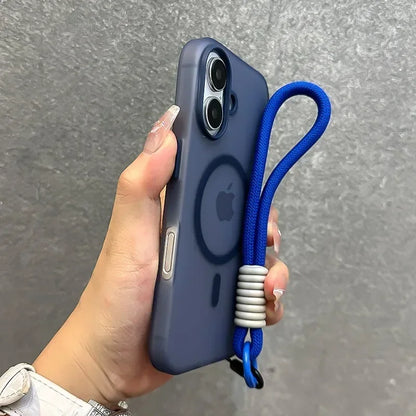 For Magsafe Candy Color Contrast Lanyard Case For iPhone 16 15 17 Pro Max 14 Plus 11 12 13 16e Hand Wrist Strap Matte Soft Cover - Kimlud