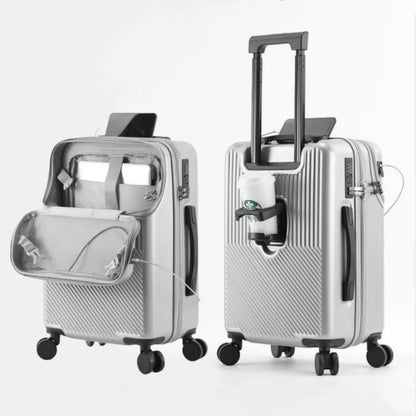 Front Opening Pocket Suitcase Travel Rolling Luggage Aluminum Alloy Trolley ABS+PC Case Bag with Spinner Wheel USB Charging Port