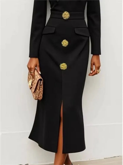 Women's New Formal Evening Dress Bow Tied Buttoned Long Sleeve Slim Long Dress 2026 Autumn Female Elegant Black Party Dresses