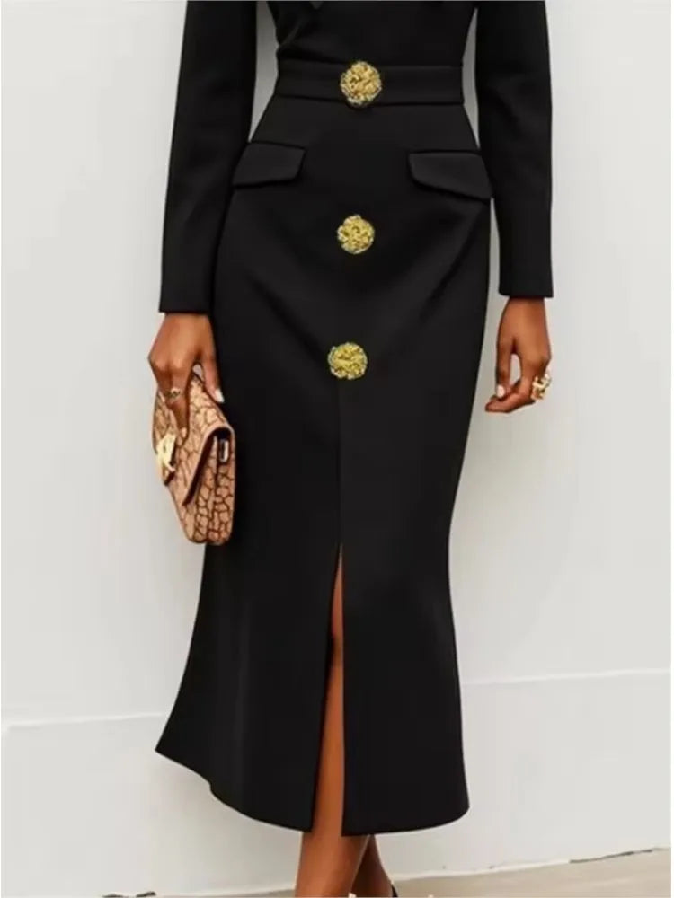 Women's New Formal Evening Dress Bow Tied Buttoned Long Sleeve Slim Long Dress 2026 Autumn Female Elegant Black Party Dresses