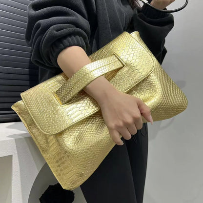 Ladies' fashionable retro coarse snake pattern handbag with high capacity and detachable shoulder strap shoulder bag