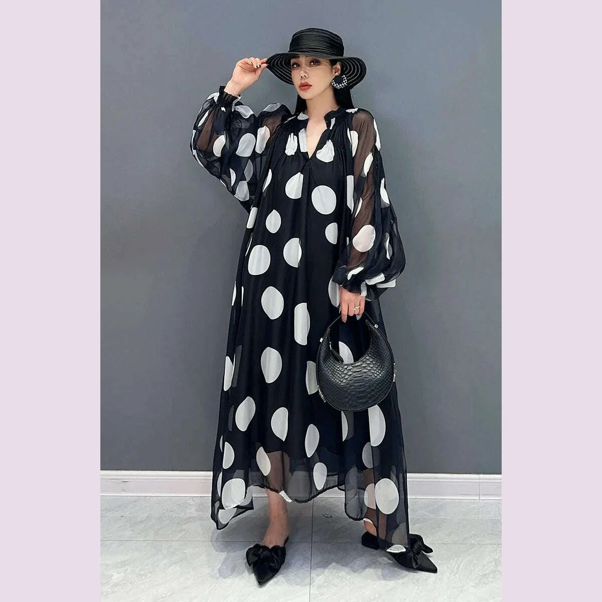 Vefadisa 2025 Summer New Dress Chiffon Printed Polka Dot Puff  Sleeves V-neck Long Dress Loose And Elegant HLX007