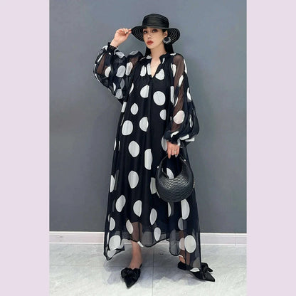 Vefadisa 2025 Summer New Dress Chiffon Printed Polka Dot Puff  Sleeves V-neck Long Dress Loose And Elegant HLX007