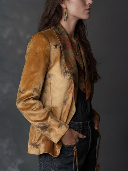 Retro Blazer Floral Print Jacket for Women Vintage Notched Collar Single Button Elegant Office Casual Autumn Outerwear Coat