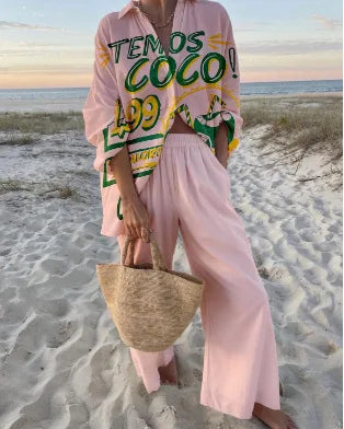 Boho Beach Holiday Print Shirt And Pants Two Pieces Sets Women Csaual Loose Long Sleeve Button Shirts Outfits Summer Pants Sets