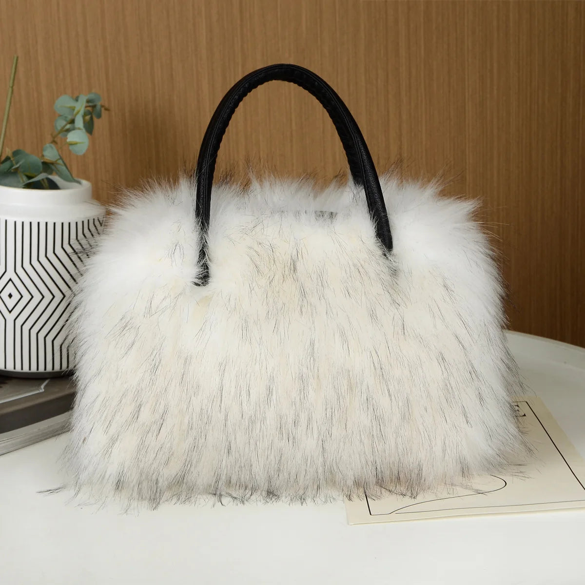 Autumn Winter Faux Fur Tote Bag For Women Rectangular Large Capacity Plush Handbags American Fashion High Street Crossbody Bags